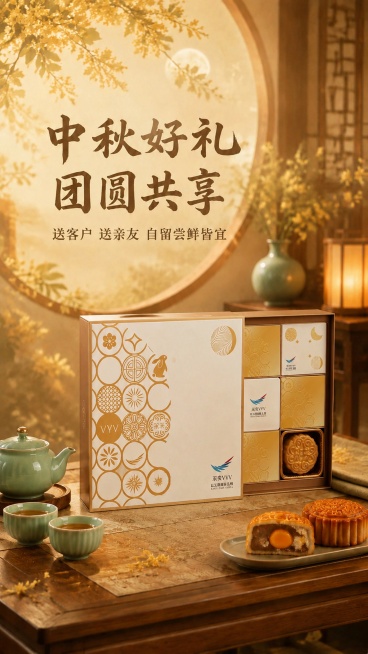 保留第一张图的整体场景、背景、文字文案、茶具、月饼和所有装饰元素不变，仅将第一张图中的采奕月饼盒替换为第二张图的采奕VYV打开式月饼盒，保持第二张图月饼盒的外形、图案、文字和月饼完全不变，整体风格和光预览效果