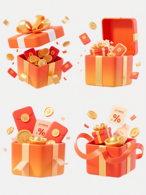 一套4个规整排布的电商营销素材，保持原有的3D立体卡通风格，主色调为鲜艳的橙红色与金色渐变，明亮高光与柔和阴影营造出饱满的体积感和喜庆氛围。第一个素材为原图形：一个橙红色的打开的礼盒，盒内装满红包、金币和优惠券，顶部有一个橙白相间的蝴蝶结，金色丝带和红包碎片向四周飘散。后三个素材为原图形的类似变体：第二个礼盒内替换为不同样式的红包和金币堆，蝴蝶结为纯金色；第三个礼盒内增加了小礼物盒和折扣标签元……预览效果