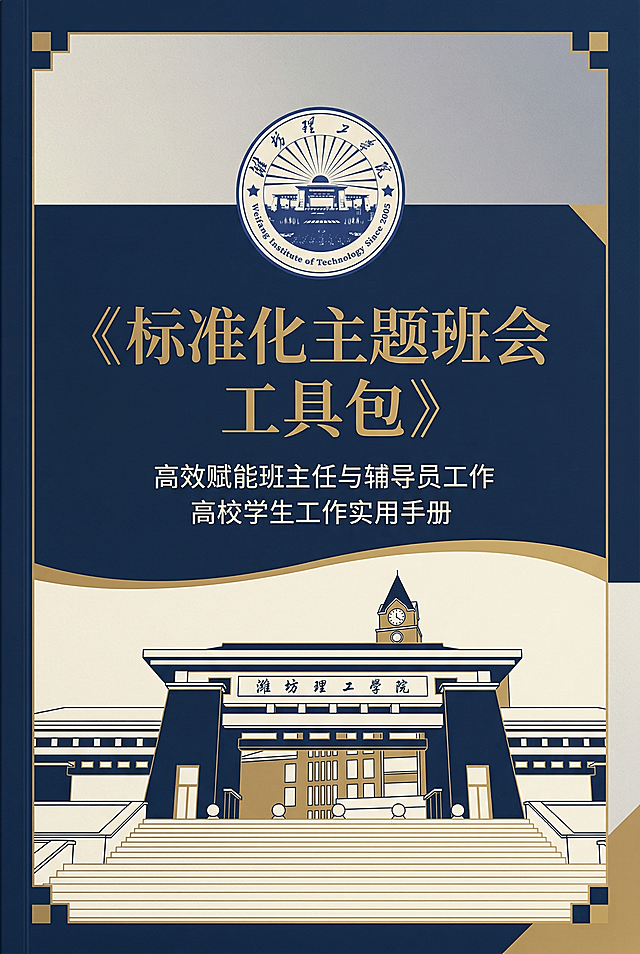 书籍封面设计，A4尺寸，简洁大方风格，书名是《标准化主题班会工具包》，顶部放置潍坊理工学院校徽，封面下半部分融入学校标志性大门建筑，色调稳重正式，排版干净清晰，书名文字醒目，整体符合学生工作用书气质
