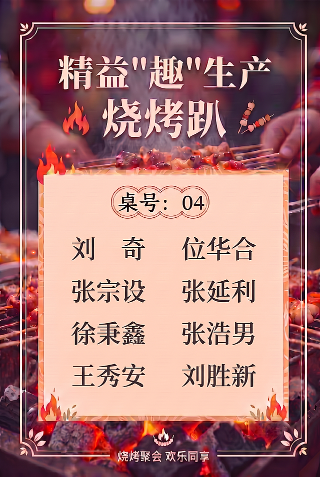 将桌号修改为04，替换所有人员姓名为：刘奇、位华合、张宗设、张延利、徐秉鑫、张浩男、王秀安、刘胜新，保持两列对称分布，保留原图片的烧烤趴背景、边框装饰风格和整体布局不变，文字清晰美观