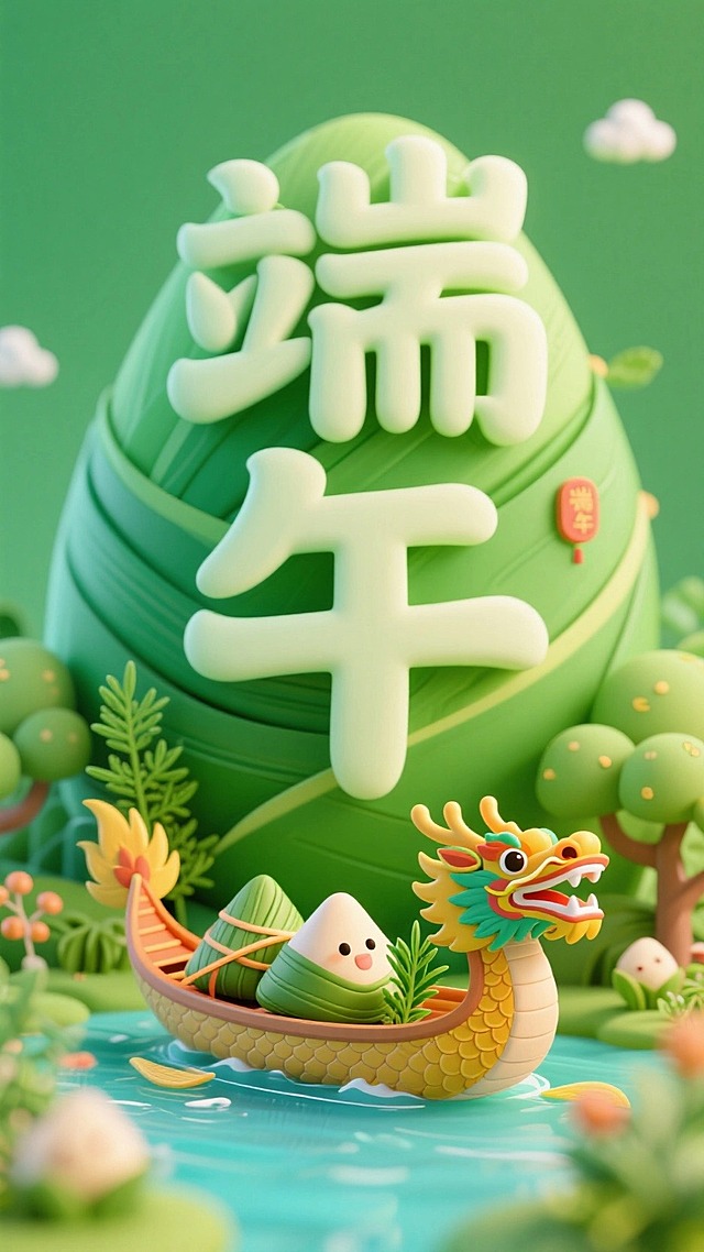 文字内容为“端午"，背景为绿色调，端午节元素装饰