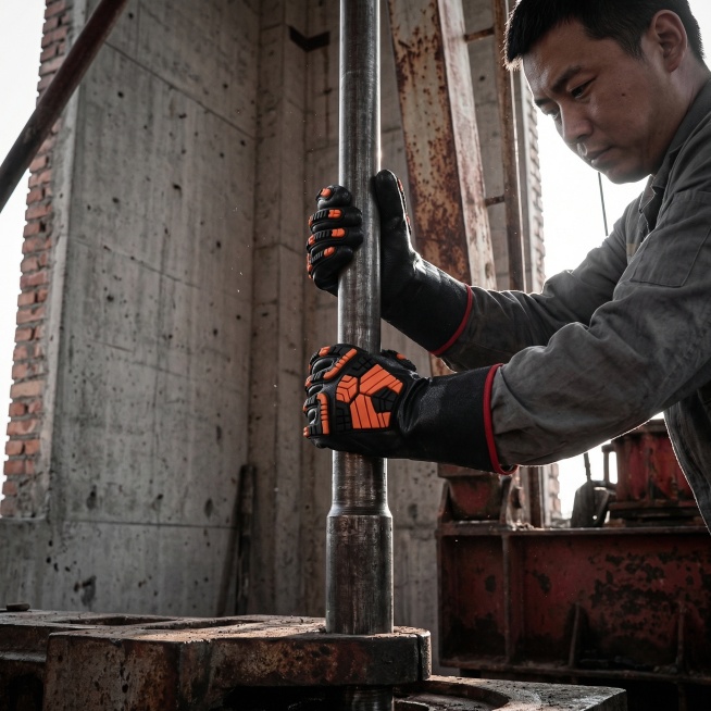 东亚石油工人戴着这款黑橙拼色防护手套在石油钻井平台工作，保持手套主体结构、颜色和细节不变，工业风场景，硬光大光比，水泥灰配铁锈红色调，裸露砖墙材质，低角度仰拍，线条硬朗，空间纵深层次分明，商业摄影，经预览效果
