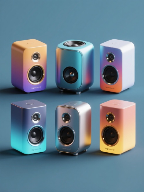 六个不同颜色不同款式的3D风格音响，整体造型简约现代，采用纯色背景，无任何文字、logo和水印，音响表面有光滑的渐变色彩和金属质感的细节，光影效果柔和，呈现出清晰的立体感和空间感，六个音响整齐规整地排布在画面中，形成和谐统一的视觉效果。预览效果