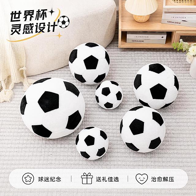 [主图-5] 产品全家福场景展示足球毛绒抱枕
[氛围风格] 整洁干净，送礼决策
[画质] 商业摄影质感，光线柔和通透，产品清晰真实，画面干净高级
[元素] 不同尺寸的足球毛绒抱枕整齐排列在浅灰色针织地毯上，背景是简洁北欧客厅角落，展示完整产品矩阵，构图整洁有序。保持每个产品外观与输入产品图绝对一致，杜绝变形色差，自然柔和投影
[光影] 均匀柔和自然光，整体明亮干净，阴影自然
[配色] 黑白为主，浅灰地毯搭配原木色装饰，北欧清新感
[视角构图] 俯视平铺视角，整体展示全部规格
[文字版式] 底部悬浮横排服务亮点“球迷纪念 送礼佳选 治愈解压”，每个卖点用小图标点缀，文字轻薄不遮挡产品，左上角标注“世界杯灵感设计”突出核心卖点
[比例分辨率] 1:1 比例，4k分辨率，文字清晰锐利，画面超高清
[负向提示词] 变形，水印，文字错乱，产品图模糊，背景杂乱，绝对化违禁词，联系方式，二维码，侵权元素