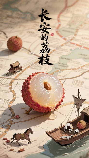 画面标题是书法艺术字体“长安的荔枝”，一颗剥开的新鲜荔枝，背景是一副多条线路的古地图，地图上很小一辆马车、一匹倒下的马，船和散落的腐坏的荔枝，仰视角度预览效果