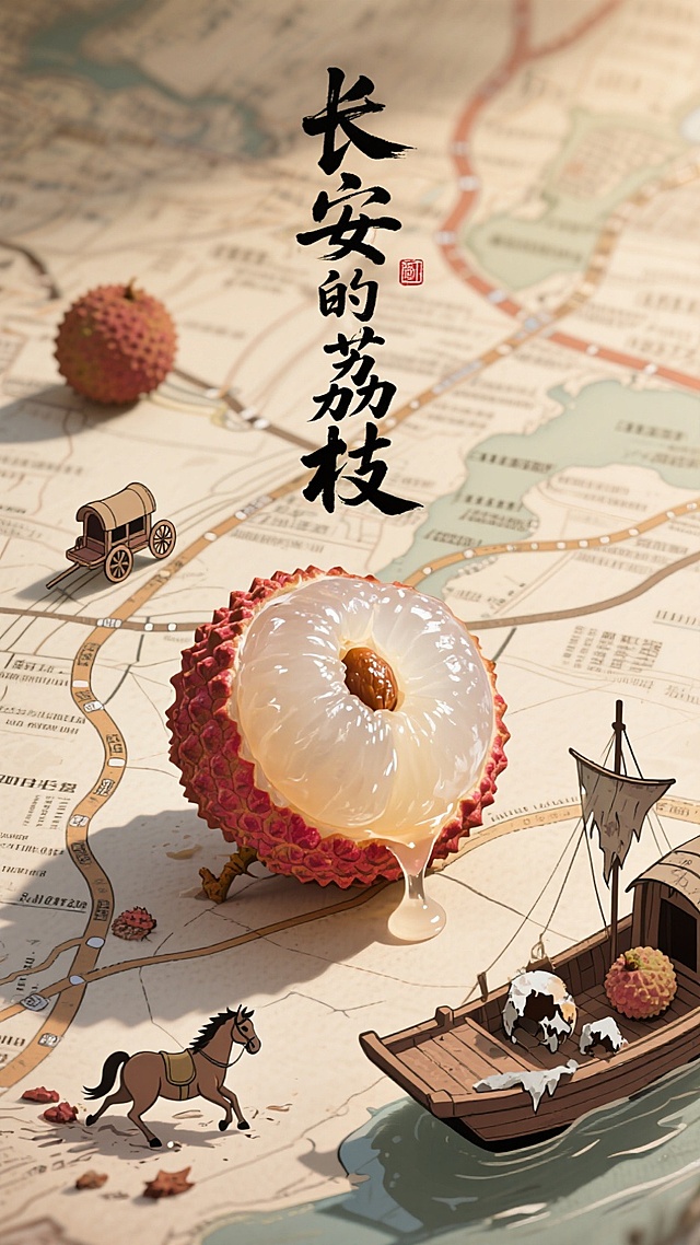 中式复古插画风，微缩艺术展现长安荔枝，水墨质感地图背景，创意融合古今。