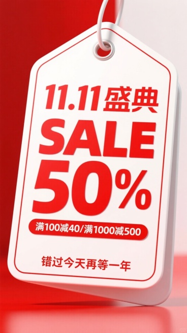 一个巨大的白色吊牌样式。中间文案（主标题红色粗体“11.11盛典 SALE 50%”，副标题“满100减40/满1000减500”。下方文案“错过今天再等一年”）。背景红白色系对比预览效果