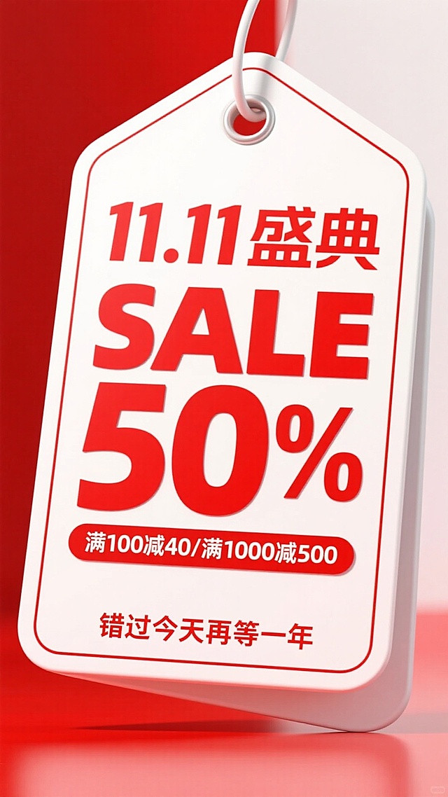3D立体价格标签，红白双色设计，大字突出促销信息，塑料质感强化视觉冲击，营造双十一盛典紧迫感。