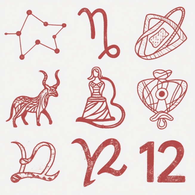 12星座纹身图案集合，每个星座与对应的符号、动物、物品或人物结合设计，极细暗红色手绘线条，融合不规则几何曲线与Y2K风格元素，线条流畅优雅且带有自然笔触纹理，复古手绘线条风格、粗糙边缘纹理和斑驳做旧质预览效果