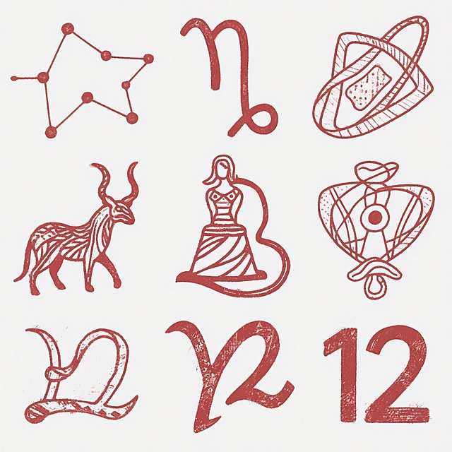 复古感与神秘感交织的插画风设计，融合星座、符号与几何元素，以单色描边呈现石刻质感，古典梦幻中透出仪式感。