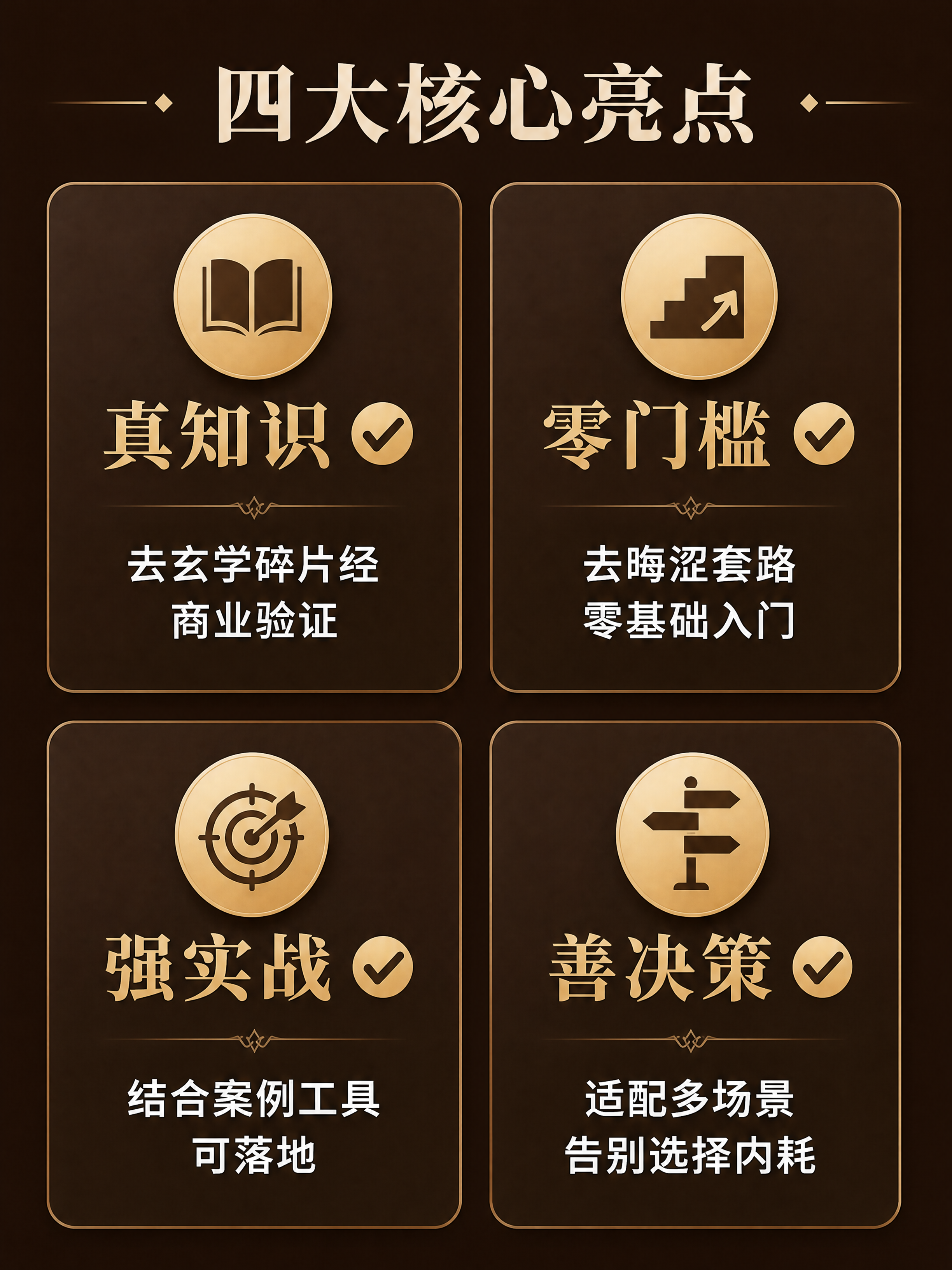 [第3屏] 四大核心亮点展示，深棕背景卡片式设计。顶部标题"四… - 图片创意预览