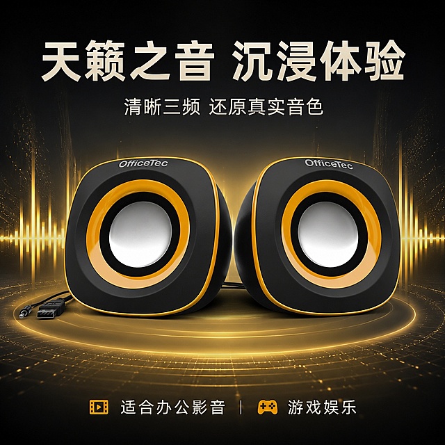 [第3屏] 音质表现展示-OfficeTec音响天籁之音沉浸体验。本屏使用【图3】作为产品主体。
[氛围/风格] 科技氛围感，深色背景搭配声波可视化效果，突出声音质感。
[元素布局] 产品主体居中放置，占比约60%；周围添加渐变声波动态波纹装饰，背景为渐变深灰色，保持音响外观结构颜色与输入图一致。
[光影质感] 中心聚光照明，产品边缘柔和光影，声波波纹添加半透明发光效果，整体明暗层次清晰。
[配色色系] 全局底色 #222222；主色黑色音响+暖黄色装饰；辅助色半透明浅黄声波渐变。
[视角构图] 正面平视视角，中心产品构图，视觉焦点集中在音响发声单元。
[文字版式] 顶部大标题「天籁之音 沉浸体验」，副标题「清晰三频 还原真实音色」，底部补充「适合办公影音 游戏娱乐」，文字为浅色，不遮挡产品主体。
[比例分辨率] 1:1 正方形比例，符合800*800尺寸要求，4K分辨率，文字清晰可辨，高清画质。
[负向提示词] 产品变形，缺件错件，颜色偏差，文字错乱，文字过小，背景杂乱，水印，绝对化极限词