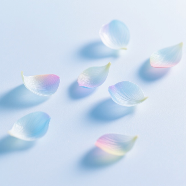 白色背景上，几片半透明的彩色花瓣以轻盈飘逸的姿态散落，花瓣边缘呈现柔和的渐变光晕效果，整体画面保持简洁空灵的氛围，色彩改为清新明亮的淡蓝色调，花瓣具有细腻的纹理质感和通透的光影表现，构图疏密有致，营造出梦幻浪漫的视觉感受。预览效果