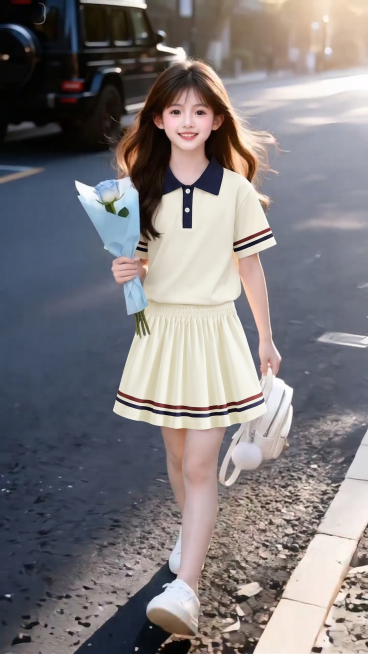 把图1的短袖和短裙给图的2的人物穿上，保留原场景光影，保持图2的人物的五官和发型不变，图片宽高尺寸不变，背景不变，鞋子不变，人物姿势不变，保持图1的短袖和短裙的款式材质不变和颜色不变预览效果