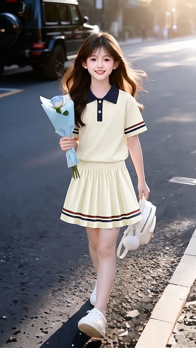 把图1的短袖和短裙给图的2的人物穿上，保留原场景光影，保持图2的人物的五官和发型不变，图片宽高尺寸不变，背景不变，鞋子不变，人物姿势不变，保持图1的短袖和短裙的款式材质不变和颜色不变