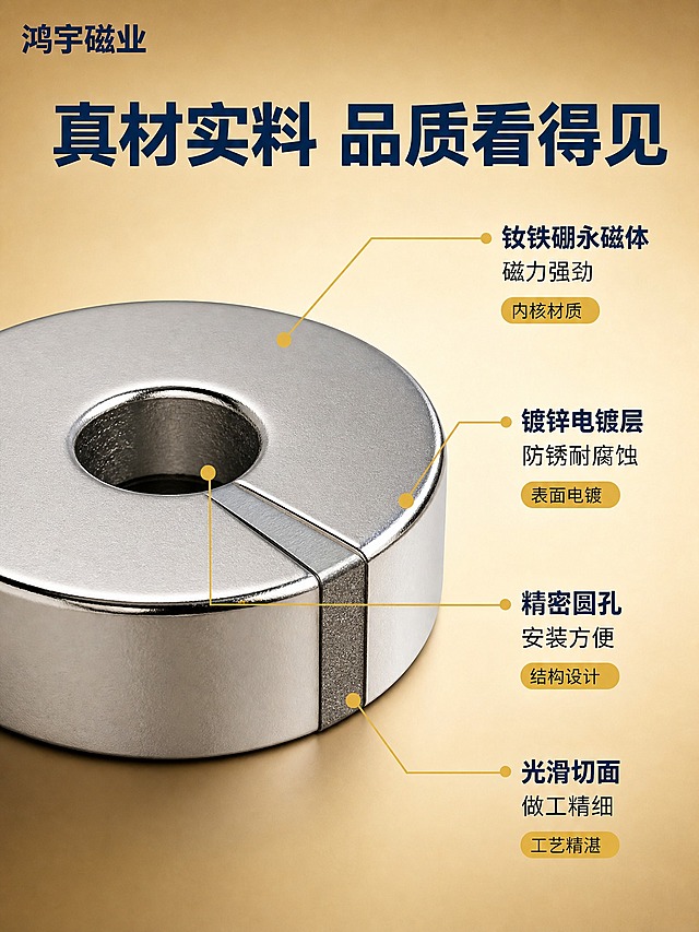 [商品] 使用【图1-图8】钕铁硼强磁 15*5*4 圆形带孔磁铁；保留圆形带孔结构、银色金属电镀外观、圆孔细节；做剖面展示时保留真实材质层次，不虚构结构。
[画面] 第3张-材质工艺，引线标注型。目标：证明钕铁硼材质和电镀工艺的品质。构图：左侧产品主体放大特写（单颗圆形带孔磁铁45度视角），右侧和上方用浅金色细线引出标注，说明各层结构和材质特点。主体占画面约50%，展示磁铁侧面电镀层和金属质感。背景为深米金色渐变，突出金属产品。
[视觉] 套系策略：风格=蓝金工业品质风；标题字=粗黑体；正文字=黑体；主色=米金色；背景延展=深米金色渐变背景，中心亮四周暗，突出主体；强调色=浅金色（#d4af37），用于引线、圆点和标签底；标题色=深蓝色（#1a365d）；正文色=深灰色；组件=浅金色细引线、圆点端点、深蓝色材质名称、浅金色标签胶囊；光影=侧上方硬光，金属表面高光带清晰，电镀层反光干净。
[文字] 顶部主标题"真材实料 品质看得见"深蓝色粗黑体。引线标注4处：钕铁硼永磁体 磁力强劲；镀锌电镀层 防锈耐腐蚀；精密圆孔 安装方便；光滑切面 做工精细。每条标注深蓝色标题+深灰色说明。左上角"鸿宇磁业"品牌名。
[规格] 图片比例3:4竖版，2K分辨率，避免变形、错字、文字过小、水印、平台Logo、悬浮感、产品结构失真。