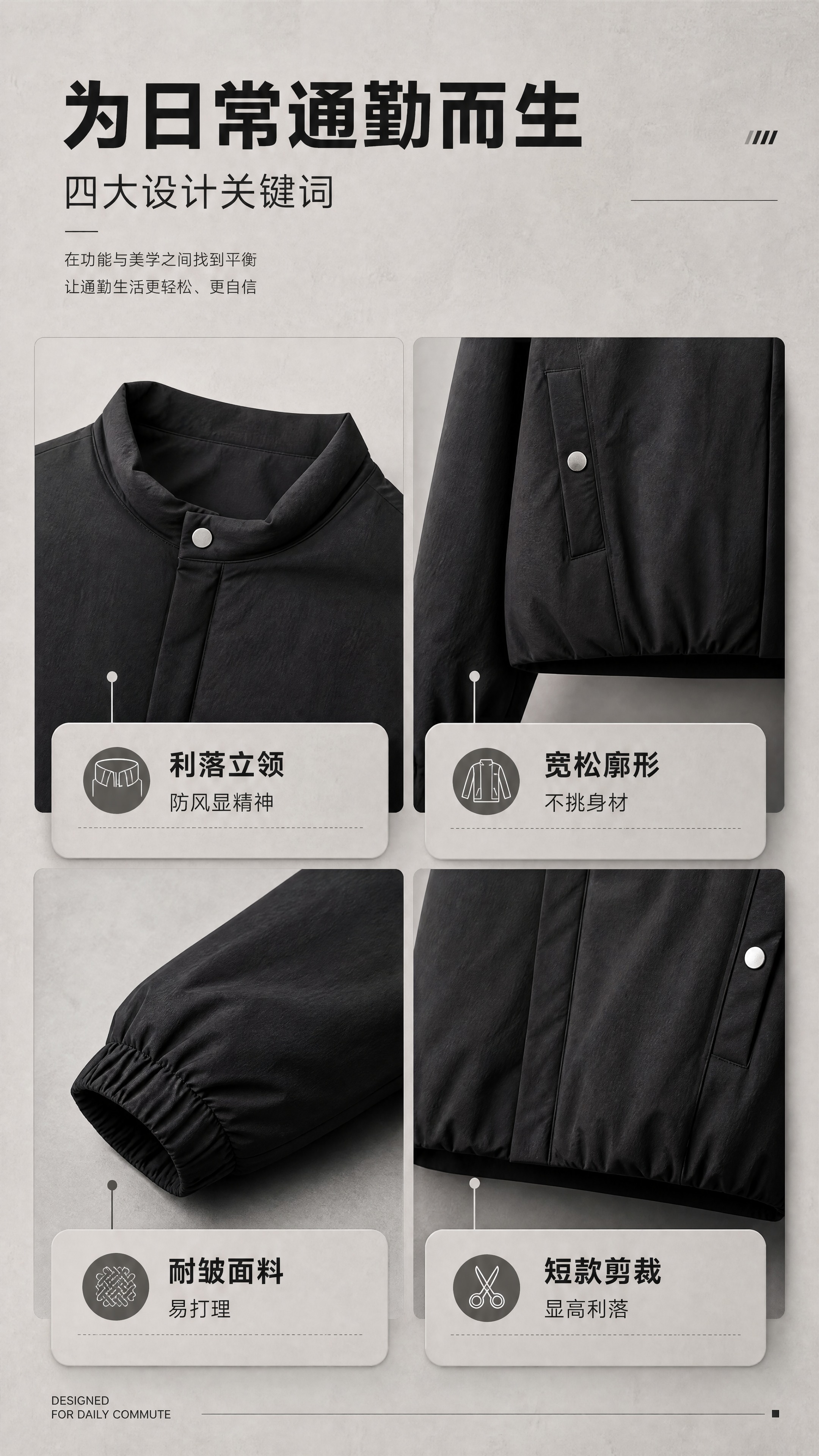 [商品] 使用【图1】黑色男士立领短款棉服夹克；商品处理：保留… - 图片创意预览
