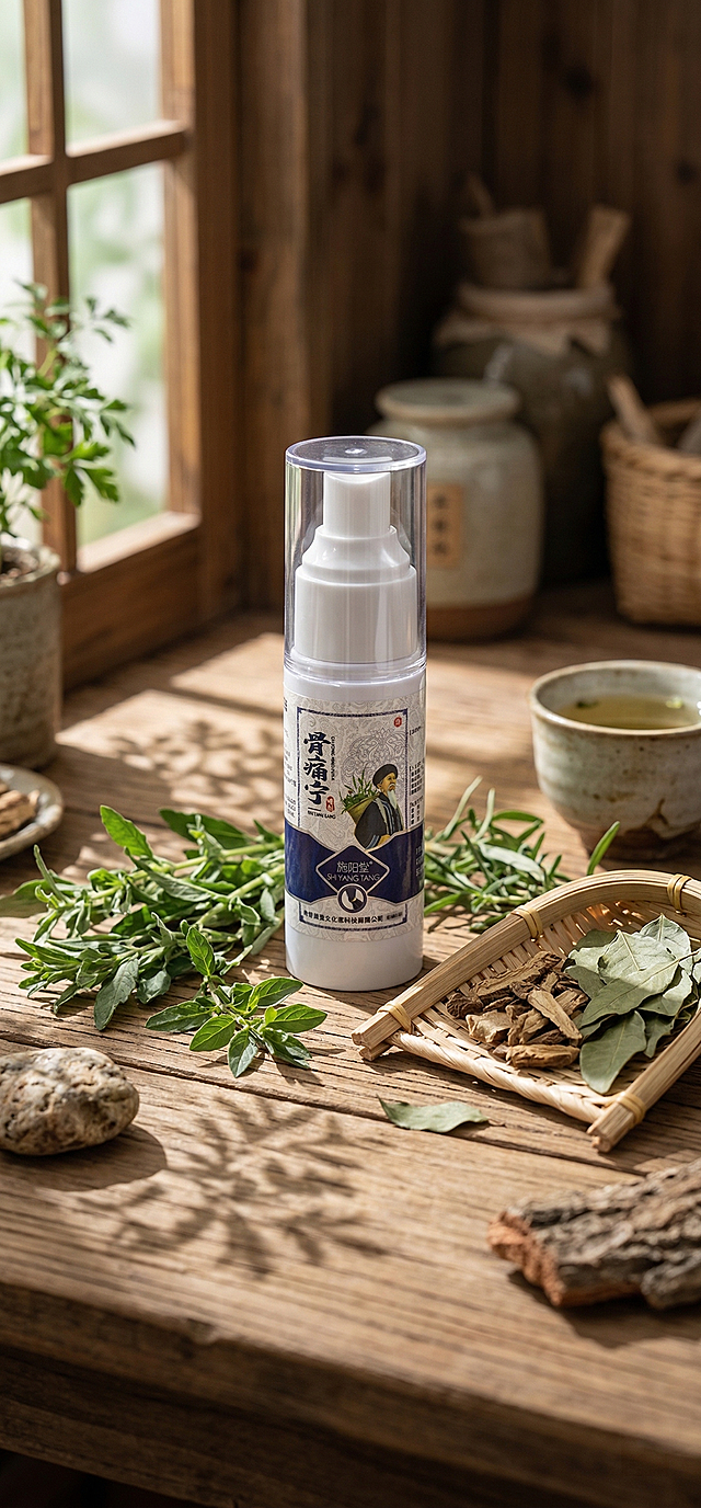 一张自然原生中草药产品场景图。主体是施阳堂骨痛宁喷剂，保持产品结构和文字Logo完全不变。产品放置在实木桌面上，周围散落新鲜草本植物和竹编托盘，清晨柔和自然光透过窗户，带有植物投影，整体营造自然原生氛围，层次分明，构图松弛。负向提示词：瓶身扭曲，Logo变形，文字错误，结构错位，杂乱场景，死黑阴影，硬光，高对比度，西方面孔，摄影灯，柔光箱，水印，比例失调