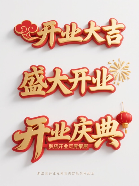 纯白色背景上，三个不同造型的新店开业元素内容系列素材集合规整排布，每个元素均保持金色立体书法字体风格，带有红色描边和高光效果，第一个元素为“开业大吉”金色立体书法字配红色祥云图案，第二个元素为“盛大开预览效果