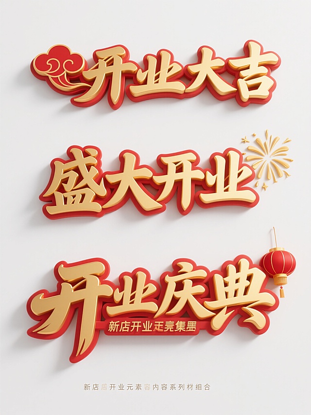 纯白色背景上，三个不同造型的新店开业元素内容系列素材集合规整排布，每个元素均保持金色立体书法字体风格，带有红色描边和高光效果，第一个元素为“开业大吉”金色立体书法字配红色祥云图案，第二个元素为“盛大开业”金色立体书法字配金色礼花图案，第三个元素为“开业庆典”金色立体书法字配红色灯笼图案，整体风格统一，喜庆大气，视觉层次分明，信息传达清晰。