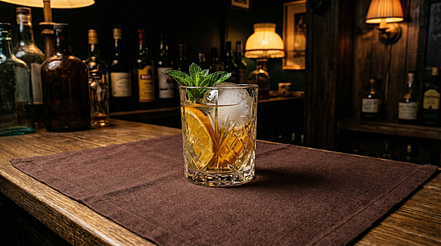 背景营造「暗调家庭吧台 / 小酒馆角落」氛围 —— 铺深棕色亚麻餐垫，点缀复古酒杯，酒杯里面放着一颗透明冰球、柑橘切片（柠檬 / 橙子）、新鲜薄荷叶，整体色调偏暗，突出冰球与饮品的视觉焦点。