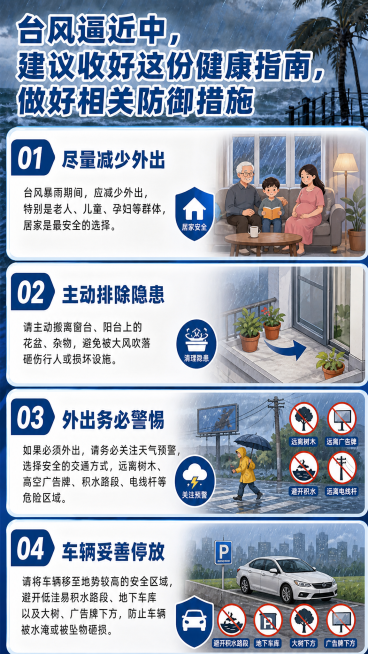 参照参考图的背景和排版，制作台风防御健康指南科普长图海报，标题为"台风逼近中，建议收好这份健康指南，做好相关防御措施"，内容分为四点：1.尽量减少外出：台风暴雨期间，应减少外出，特别是老人、儿童、孕妇预览效果
