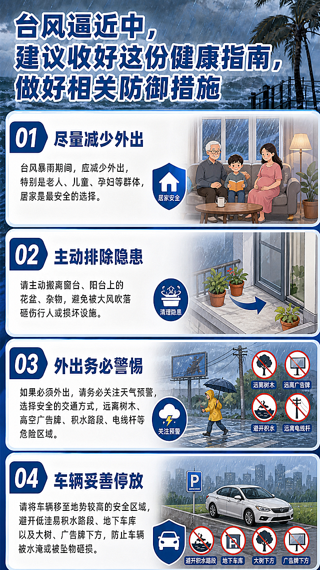 参照参考图的背景和排版，制作台风防御健康指南科普长图海报，标题为"台风逼近中，建议收好这份健康指南，做好相关防御措施"，内容分为四点：1.尽量减少外出：台风暴雨期间，应减少外出，特别是老人、儿童、孕妇等群体，居家是最安全的选择。2.主动排除隐患：请主动搬离窗台、阳台上的花盆、杂物，避免被大风吹落砸伤行人或损坏设施。3.外出务必警惕：如果必须外出，请务必关注天气预警，选择安全的交通方式，远离树木、高空广告牌、积水路段、电线杆等危险区域。4.车辆妥善停放：请将车辆移至地势较高的安全区域，避开低洼易积水路段、地下车库以及大树、广告牌下方，防止车辆被水淹或被坠物砸损。整体保持蓝色台风主题风格，排版与参考图一致，保持图文结合的样式。