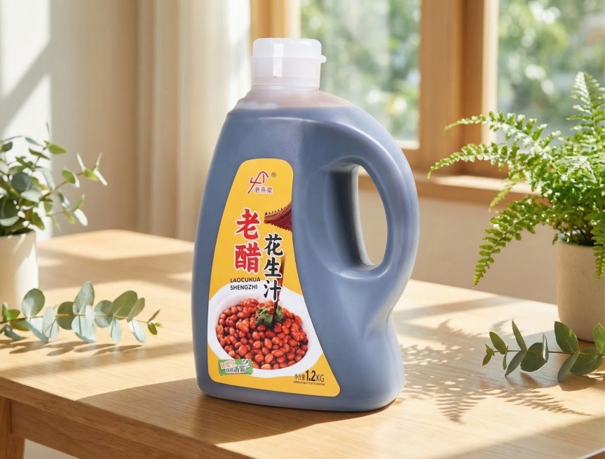 在日式原木风餐桌上面摆放着一瓶老醋花生汁，保持产品原有Logo和文字原样，保持主体物理结构不变，瓶身形状和透视不变。采用北欧自然风风格，极强自然光，浅木色搭配，加入绿色植物点缀，通透有松弛感，阳光从窗预览效果