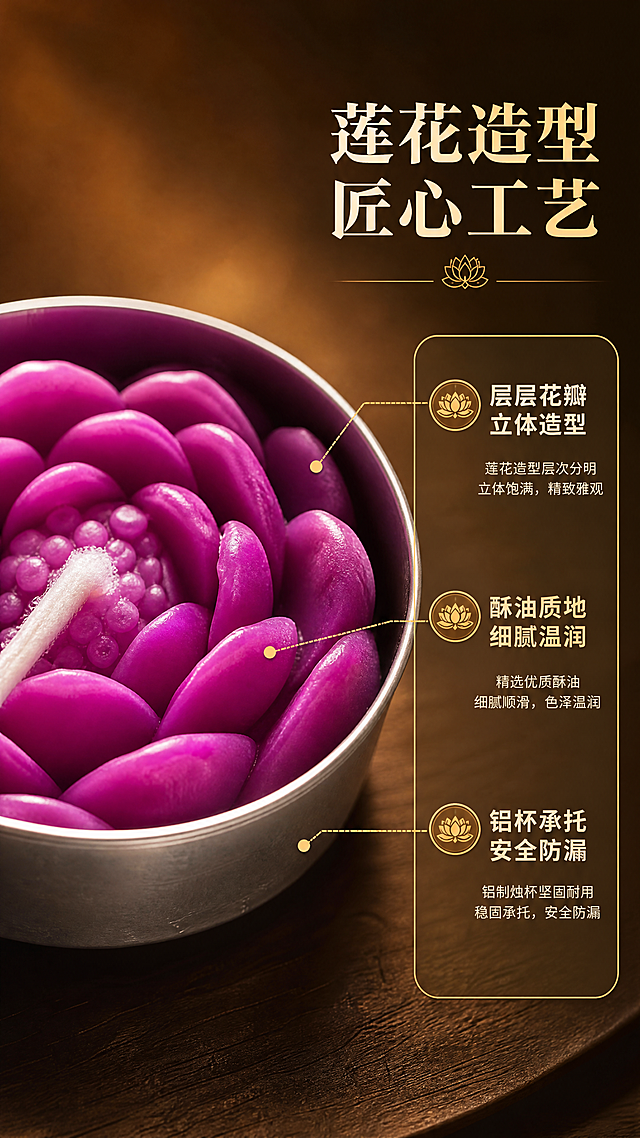 [商品] 使用【图2】单盏紫红色莲花酥油灯；保留莲花花瓣层次、紫红色酥油材质、铝制烛杯、白色棉芯灯芯；商品处理：微距放大莲花花瓣细节，增强酥油质感与花瓣纹理，去除原桌面杂物背景。
[画面] 目标：细节展示，突出莲花造型的精致工艺与酥油材质质感。构图：左侧大特写单盏莲花灯，产品占画面65%，镜头聚焦莲花花瓣层叠纹理，右侧留白放文字说明，背景为深棕色渐变虚化，突出主体质感，侧光打亮花瓣边缘形成轮廓光。
[视觉] 套系策略：风格=中式禅意商业摄影风；标题字=宋体粗体典雅风格；正文字=简洁黑体；主色=暖金+紫红；背景延展=基于暖金色做深浅层级、同色渐变和细腻木质/宣纸质感；强调色=暖橙黄，仅用于小面积图标、引线和光晕标签；标题色=深棕红；正文色=暖棕灰；组件=圆角金边信息卡、细线引线、莲花图标；光影=左前侧暖柔光，背景有柔和光晕。
[文字] 右侧上方主标题"莲花造型 匠心工艺"，下方配3个卖点：层层花瓣立体造型、酥油质地细腻温润、铝杯承托安全防漏；配细线引线指向对应部位。
[规格] 图片比例9:16竖版，4K，避免变形、错字、文字过小、冷蓝/蓝灰背景、产品颜色改变、花瓣形状失真。