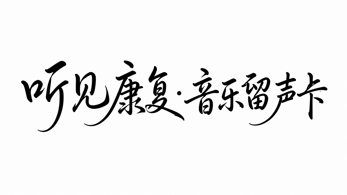 七个字"听见康复·音乐留声卡"创意手写字体设计，现代创意手绘秀丽笔字体设计，线条流畅舒展，笔画自然连笔，将字体进行抽象变形，所有文字单行横向排列，白底黑字，免费商用艺术手写风格。仅包含七个字："听"、预览效果