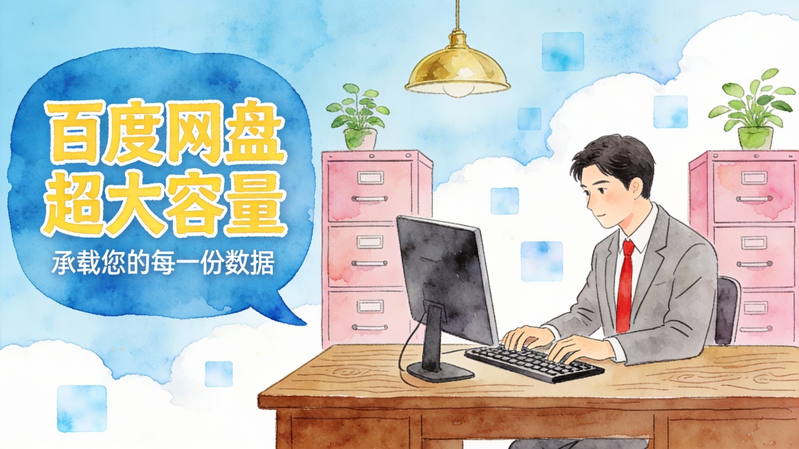 竖版复古手绘水彩商业推广图，采用水彩晕染 + 手绘线条的设计语言。主色调为天蓝色水彩晕染背景搭配白色云朵水彩肌理、棕色木纹水彩办公桌与粉色晕染文件柜，营造复古文艺的办公场景。画面左侧是蓝色水彩对话气泡预览效果