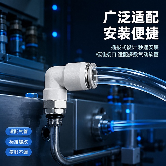 [主图-4] 气动快插弯头接头安装适配场景图，管道连接应用展示。
[氛围风格] 深蓝渐变工业科技风，冷调工业场景感，突出安装适配性，京东简洁稳重风格。
[画质] 商业摄影质感、超高清、产品清晰真实、场景融合自然、金属反光干净。
[元素] 画面主体为气动快插L型螺纹弯头接头，已安装状态：一端插入透明气动软管，另一端连接金属气路管道接口，展示实际安装使用效果。背景为深蓝渐变的工业设备局部场景，隐约可见冷色调的金属设备面板、气管排布和冷蓝色指示灯光点，营造自动化设备内部环境氛围，但背景虚化不抢主体。产品和连接部分清晰锐利。保持产品外观（即物理结构、材质质感、颜色、L型弯头形状、快插端口、外螺纹六角结构）与输入产品图完全一致，杜绝任何变形和色差，精细化处理。软管和管道与接头连接真实，接触点准确，无悬空穿模。商品主体（含连接部分）占比约60%。画面满屏无边框。
[光影] 冷调工业设备光，左上主光照亮接头主体，右侧和底部有冷蓝色环境光反射，金属螺纹有冷白高光，塑料阀体有柔和反光，整体光比适中，场景氛围感强但主体突出。
[配色] 主色深蓝工业背景；辅色银灰金属、白色阀体、透明软管；强调色科技蓝（用于环境光点和标签）。
[视角构图] 45度斜侧平视，接头及连接部分居中偏左为视觉中心；中景景深，背景适度虚化，产品和连接部位清晰。
[文字版式] 右上主标题大字「广泛适配 安装便捷」，白色粗体无衬线最大号。主标题下方两行辅助短句浅蓝白色：「插拔式设计 秒速安装」「标准接口 适配多数气动软管」。左下角三个圆角科技蓝小标签从上到下排列白字：「适配气管」「标准螺纹」「密封不漏」。文字占比小于30%，全部放在右上和左下负空间，不遮挡产品主体和连接部位。
[输出要求] 1:1比例，文字清晰锐利可辨，超高清商业摄影质感。
[负向提示词] 变形，文字错乱，产品图模糊，背景杂乱，水印，电商平台Logo，多余的手，多余的手指，畸形手，融合手指，手部扭曲，肢体穿模，人物面部扭曲，关节反折。