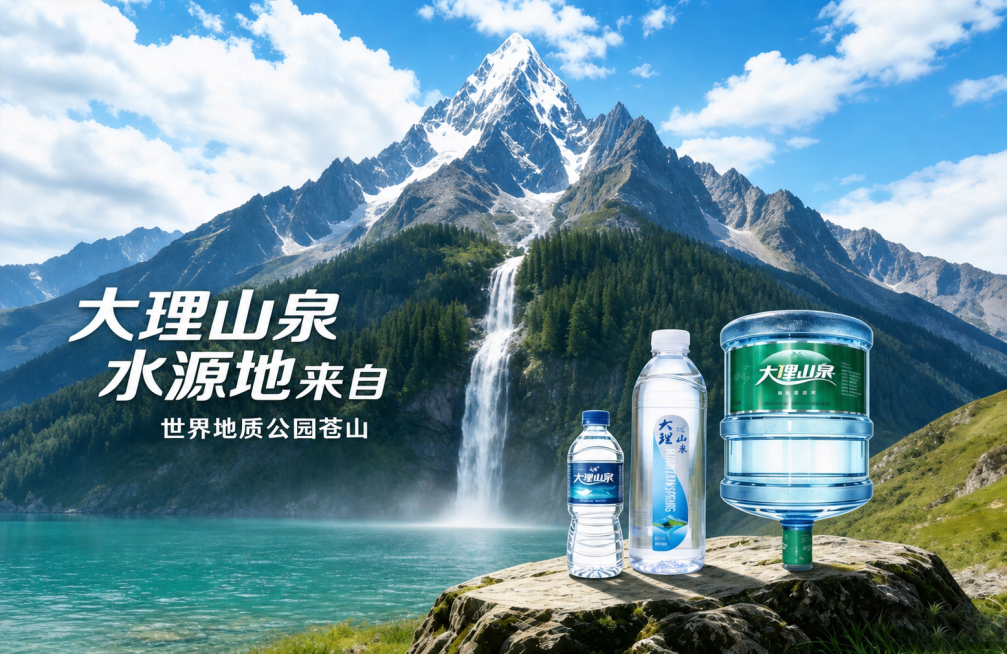 把图片中红框圈出的左侧绿色山丘区域修改为碧绿色的水域，同时将放置在石头上的小瓶装水、大瓶装水和桶装水整体缩小一些，保留其他所有内容和文字不变预览效果
