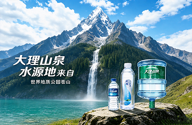 把图片中红框圈出的左侧绿色山丘区域修改为碧绿色的水域，同时将放置在石头上的小瓶装水、大瓶装水和桶装水整体缩小一些，保留其他所有内容和文字不变