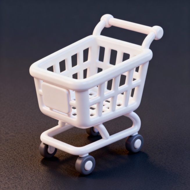 帮我生成一张3D渲染、风格圆润可爱、白色的空购物车，无背景，细节丰富，简洁清晰预览效果