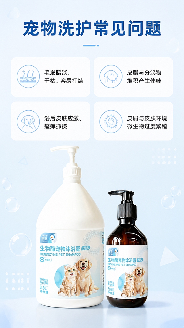 [商品] 使用【图1】3.8L白色大压泵瓶虎跃生物酶宠物沐浴露和【图2】300ml棕色小压泵瓶虎跃生物酶宠物沐浴露；保留瓶身结构、颜色、按压泵、标签上的"虎跃"Logo、"生物酶宠物沐浴露"中英文名称、猫狗插画图案、"犬猫用"标识、"植萃配方 亮毛柔顺"、净含量文字等所有包装文字和图案，确保商品原貌真实一致，两瓶自然摆放在画面下方区域。
[画面] 页面目标为宠物洗护痛点共鸣页，上下分栏构图：上方约60%为标题和四大痛点模块，下方约40%摆放两瓶沐浴露产品。顶部居中主标题，下方4个痛点模块呈2x2网格排列，每个模块含扁平图标+痛点文字。阅读动线从上至下。背景为浅蓝渐变底色，点缀透明气泡、几何三角形、圆点等扁平装饰元素，参考图3-7的简约扁平视觉风格。产品占画面约35%，位于底部居中，大瓶在左、小瓶在右，自然摆放有前后层次。
[视觉] 套系策略：风格=简约扁平插画风格，清新宠物医疗感；标题字=粗黑体大号字；正文字=简洁无衬线体；主色=包装蓝色+白色；背景延展=浅蓝渐变底色，同色系深浅层级，搭配透明气泡、几何三角、圆点等扁平装饰元素；强调色=浅蓝色，仅用于图标、标签和小面积装饰；标题色=深蓝色；正文色=深灰色；组件=圆角白色信息卡片、细线图标、气泡装饰；光影=柔和均匀顶光，产品底部有轻微投影。
[文字] 顶部居中主标题"宠物洗护常见问题"，深蓝色粗体大字；下方2x2排列四个痛点卡片，每个卡片含蓝色扁平图标+黑色文字：左上"毛发暗淡、干枯、容易打结"，右上"皮脂与分泌物堆积产生体味"，左下"浴后皮肤应激、瘙痒抓挠"，右下"皮屑与皮肤环境微生物过度繁殖"。所有文字横向排版，字号保证手机端清晰可读，文字不遮挡产品主体。
[规格] 淘宝/天猫详情页单屏比例9:16竖版，分辨率4K，避免变形、错字、文字过小、产品颜色改变、包装文字错乱、医疗化夸张表达。