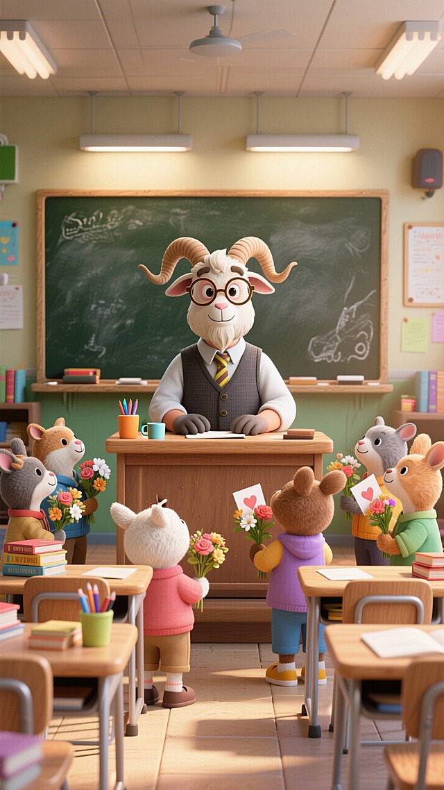 以山羊老师为主角，它戴圆框眼镜，穿衬衫+背心+领带，坐在教室讲台桌前，桌上有书本、杯子、文具。讲台后是黑板。前方是几只穿不同衣服的小动物学生，手捧鲜花和贺卡。温馨课堂氛围。