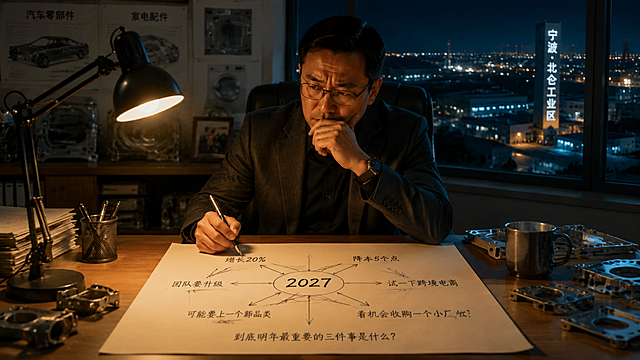 微信公众号文章插图，夜晚办公室场景，一位中年男性企业老板独自坐在办公桌前，桌上有一盏暖光台灯，周围是冲压件厂的工业元素背景（隐约可见汽车零部件和家电配件的剪影）。桌上摊着一张大白纸，纸中间画着一个圈写着"2027"，圈外有多个箭头分别指向"增长20%"、"降本5个点"、"试一下跨境电商"、"看机会收购一个小厂"、"可能要上一个新品类"、"团队要升级"，箭头之间有被划掉又重画的连线，纸的最下方有一行小字"到底明年最重要的三件事是什么？"。老板神情沉思略带焦虑，一只手托着下巴，另一只手拿着笔。窗外是宁波北仑工业区的夜景，氛围安静而凝重，写实商业插画风格，色调偏暖黄与深蓝对比，富有故事感。