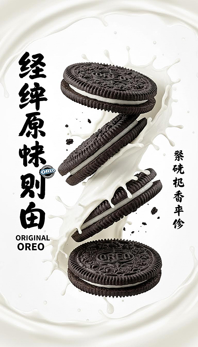 广告开屏设计，主体是原味奥利奥饼干，参考陕西油泼面海报的视觉张力风格，黑色奥利奥饼干呈现动态扭转的造型，牛奶从饼干夹层中飞溅而出，搭配白色纹理背景；左侧用粗重的卡通字体写“经典原味奥利奥”，英文“ORIGINAL OREO”，右侧竖排文字标注“酥脆·奶香·夹心”；融入品牌logo小印章元素，整体色彩以黑白为主，点缀牛奶的乳白色，画面有强烈的食欲感和视觉冲击力，高清商业摄影质感，竖版开屏尺寸。