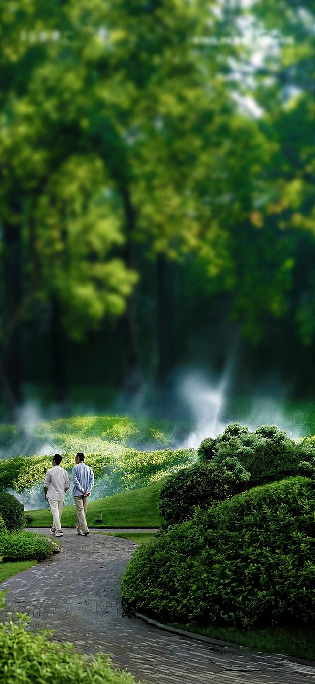 参考原图的自然园林风格，去掉所有文字，只保留绿色园林背景、蜿蜒石板小路和两位背对镜头的男士，整体风格保持自然清新的绿意氛围