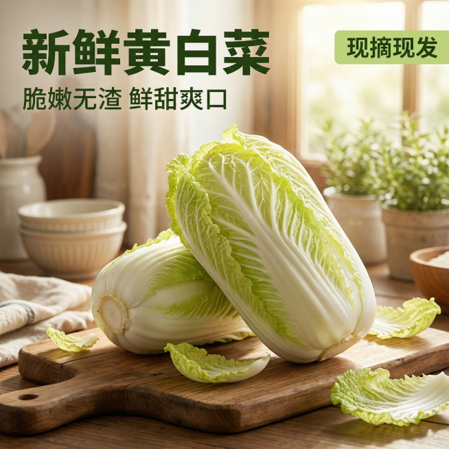 [主图 1] 黄白菜新鲜生鲜首图
[氛围风格] 温馨舒适家庭治愈田园风，自然新鲜，充满食欲感。
[画面元素] 商业摄影质感、光线柔和通透、产品清晰真实、画面干净高级。两颗黄白菜摆放在木质砧板上，背景是预览效果
