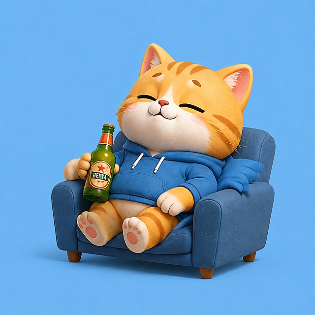 截取图中第八个小猫，只保留躺沙发上怀里抱着啤酒的拟人化小猫，纯色背景，软3D风格，保留原图风格