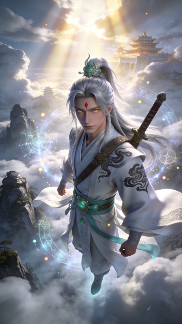 东方玄幻人物，气质清冷年轻仙君，银白长发半束半披点缀玉冠，俊美英气面容，眉间一点朱红印记，淡金色双眸，目光深邃如寒潭，月白色法袍衣袂层叠，绣暗纹云雷图腾，腰系碧玉带，肩上斜挎古朴长剑，悬浮在云雾缭绕仙预览效果