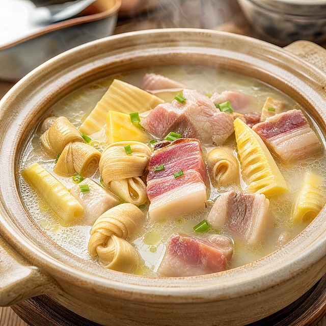 江南名菜腌笃鲜成品特写，传统砂锅中炖煮的奶白色浓汤，嫩春笋块、咸鲜南风肉块、五花鲜肉块和百叶结丰富配料，汤面飘着油花，热气腾腾，竹笋嫩黄、肉块粉润，撒少许葱花，餐桌中式家常菜氛围，明亮自然光，美食摄影，画面干净无文字