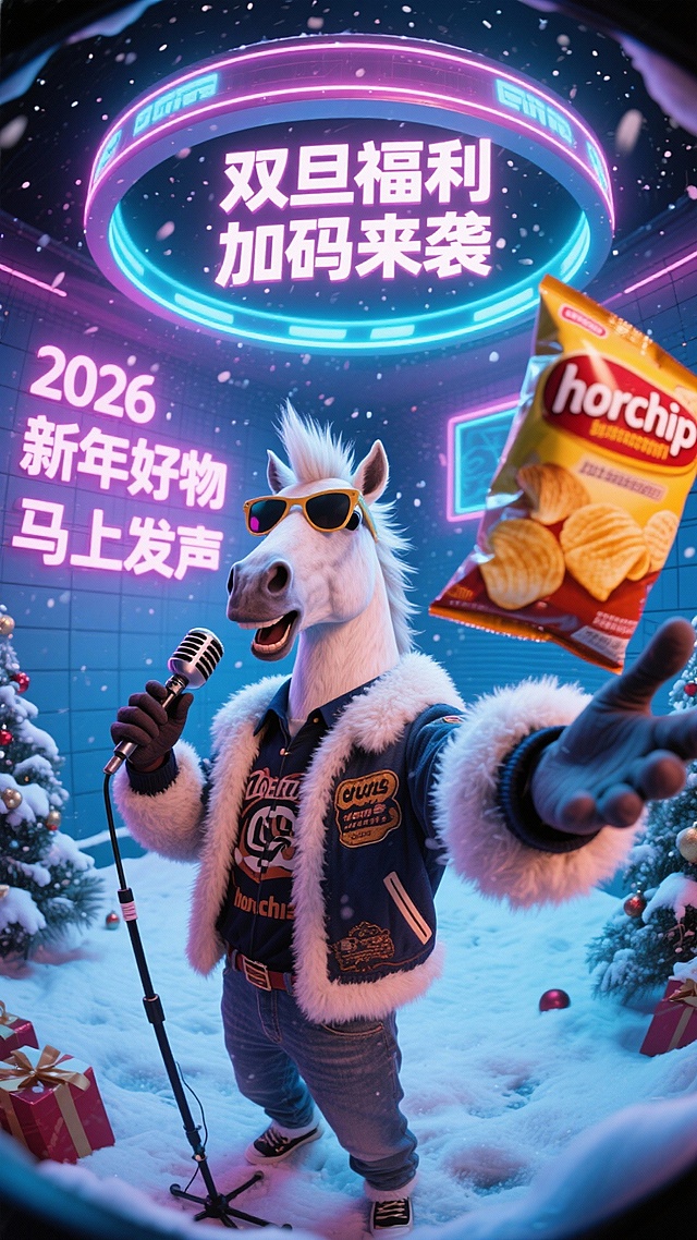 赛博朋克风与拟人风结合，3D虚拟现实场景，戴墨镜的马主播手持麦克风向大家推荐“horchip”薯片。