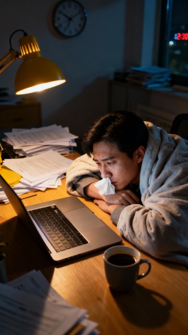 一个普通的公司白领，深夜在家趴着笔记本前加班，身上裹着被子，鼻子插着纸巾预览效果