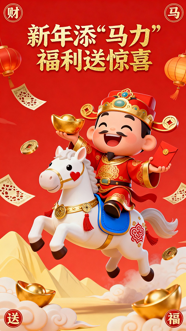 Q版卡通风格，高饱和度亮红色背景，画面中心是头戴官帽、身穿红金相间喜庆服饰的卡通财神爷，一手持金色元宝，一手持红包，面带笑容骑在造型呆萌的白色小马上，小马配有蓝色鞍座与金色装饰，小马装饰着红色爱心和金色铜钱和红色流苏纹样，周围环绕金色元宝、铜钱。马和财神爷腾跃在空中。空中散落着带镂空花纹的钱币，搭配浅黄色山峦、祥云与灯笼元素。

金色大标题新年添 “马力”，福利送惊喜字体用隶书字体格式，四角点缀 “财、马、送、福” 字样。生成图片尺寸为945*720的尺寸