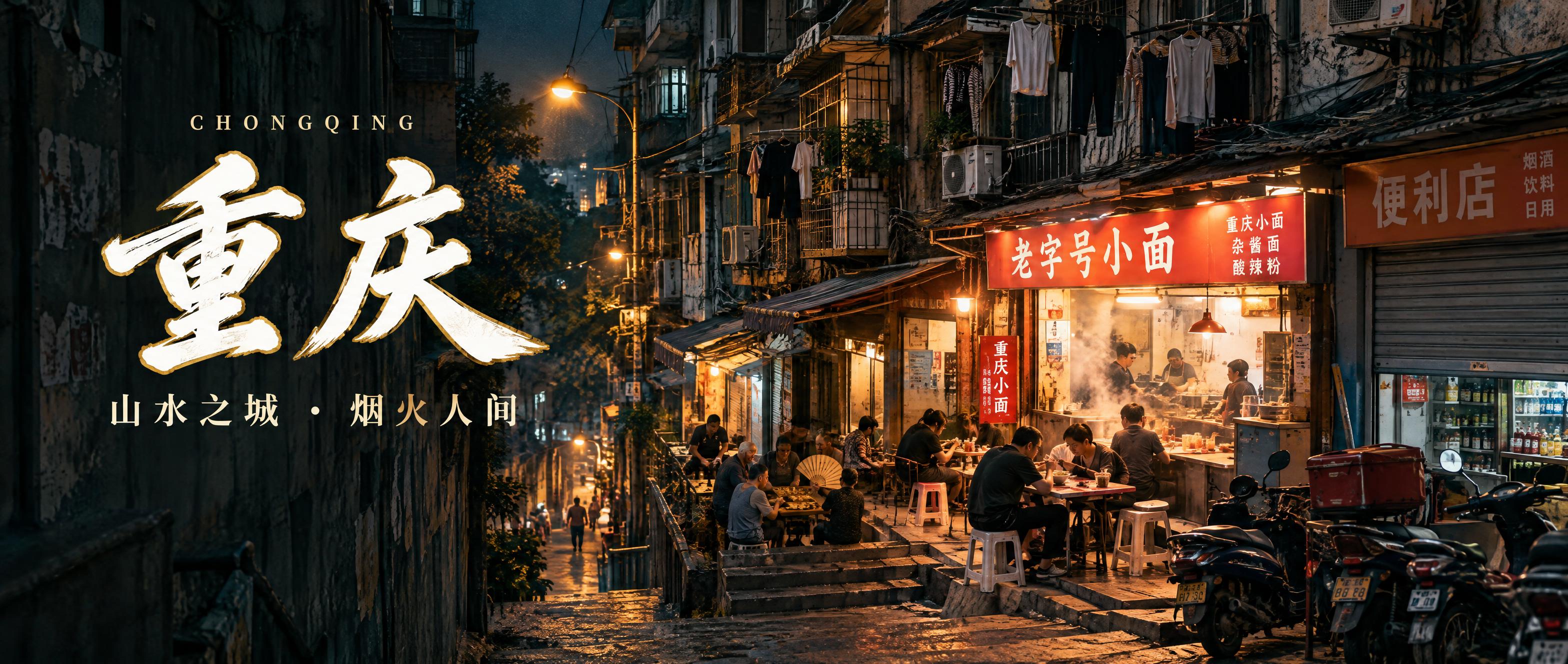 重庆文旅微信公众号封面图，宽幅横版2.35:1构图，夜景市井题… - 图片创意预览