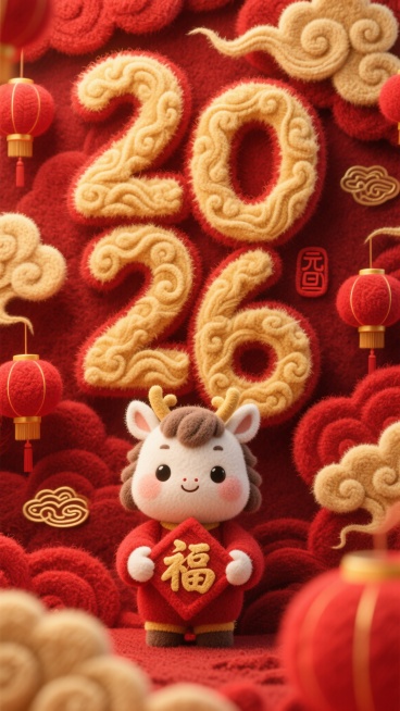 国潮风海报，3D毛毡风格，暗红色祥云纹理层次立体感背景，巨大的“2026”数字内部填充金色祥云纹理，Q版福马手捧“福”字环绕数字，周围点缀红色灯笼、金色祥云及“元旦”印章，整体呈现浓厚的毛毡材质质感，预览效果