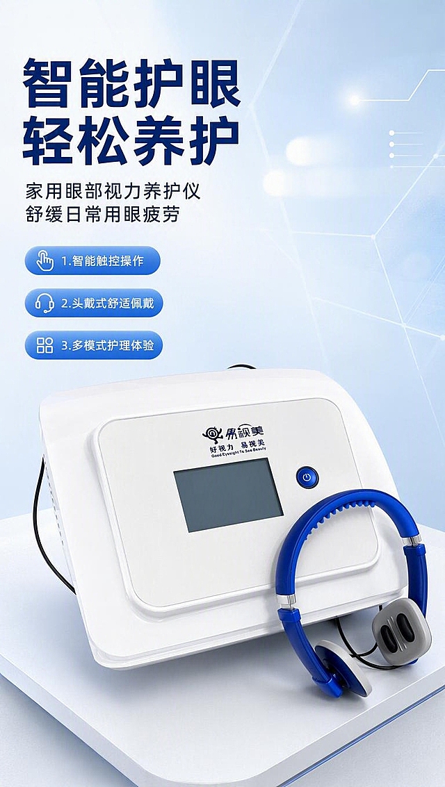 [商品] 使用【图1】易视美眼部视力养护仪；保留白色主机机身、蓝色头戴耳机式配件、正面蓝色电源按钮、灰色显示屏、机身正面"易视美"Logo及"好视力 易视美 Good Eyesight To See Beauty"文字、整体方正圆润造型、蓝白配色；商品处理：去除桌面木纹背景，保留产品结构、比例、颜色、材质和所有Logo文字不变，清晰化显示屏和按键细节。
[画面] 目标：第1张硬核头图，突出家用智能护眼仪的科技专业感。构图：左文右图，产品位于画面右侧居中，占画面约55%，斜侧45度角展示全貌；左侧上方留白放置主标题和副标题，下方放3个短卖点胶囊。背景：浅蓝白色渐变科技医疗风，有柔和光晕和细微几何线条，底部有浅灰色台面承托产品，营造悬浮高级感。阅读动线从上到下、从左到右。
[视觉] 套系策略：风格=国内电商科技医疗风商业摄影；标题字=现代无衬线粗黑体；正文字=简洁无衬线中黑体；主色=医疗白+科技蓝；背景延展=基于白蓝做深浅渐变、同色系光晕和细腻磨砂质感；强调色=亮蓝色，仅用于小面积图标、引线、标签和按钮光效；标题色=深海军蓝；正文色=中灰蓝；组件=圆角浅蓝底信息卡、细线引线、胶囊形卖点标签；光影=左前侧冷调柔光，产品边缘有蓝色轮廓光。
[文字] 左上主标题：智能护眼 轻松养护（8字）；副标题：家用眼部视力养护仪 舒缓日常用眼疲劳；3个卖点胶囊：1.智能触控操作 2.头戴式舒适佩戴 3.多模式护理体验。文字全部横向排版，不遮挡产品主体和Logo。
[规格] 淘宝/天猫详情页单屏，比例9:16竖版，4K分辨率，负向提示：避免变形、错字、文字过小、产品颜色改变、结构失真、木纹背景、杂乱桌面、绝对化用语、医疗功效承诺。
